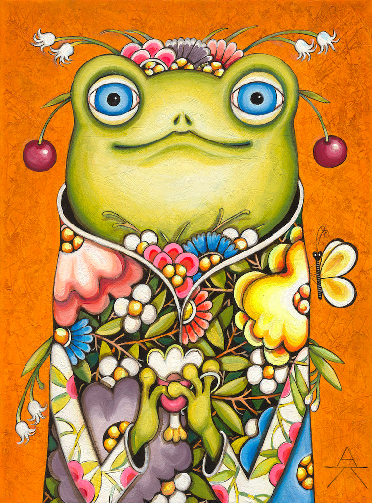 Original art frog painting store happy surrealism artwork listed by artist artettina